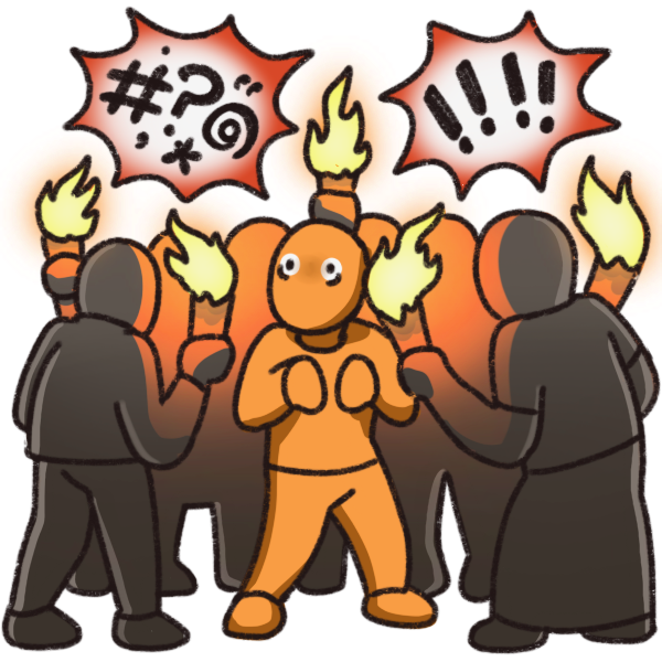  a group of people holding torches, standing around a scared person. The group is shouting at them, and their features are not distinct